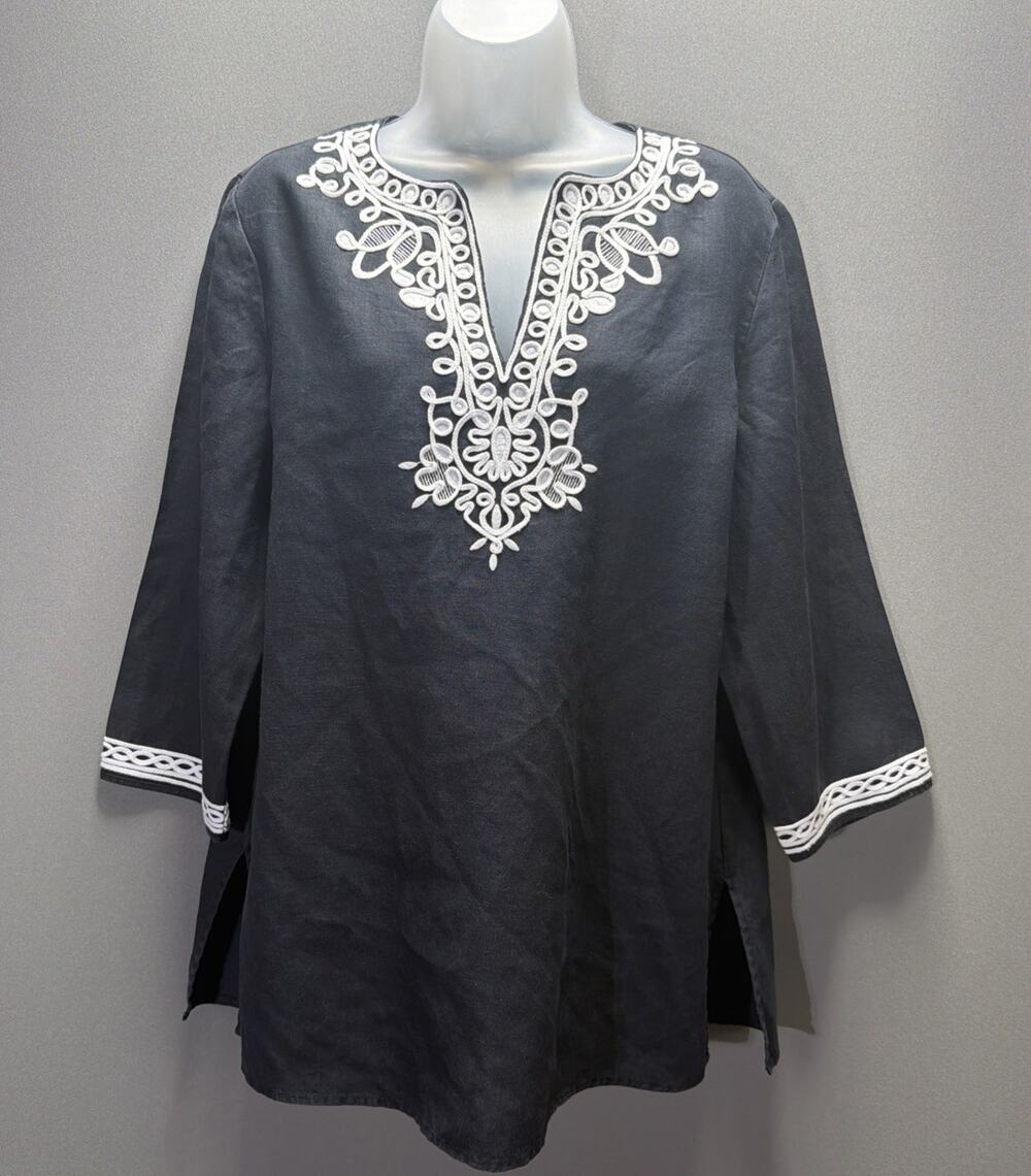 Jones New York Women’s 100% Linen Tunic Top Size L Black White Lace Trim